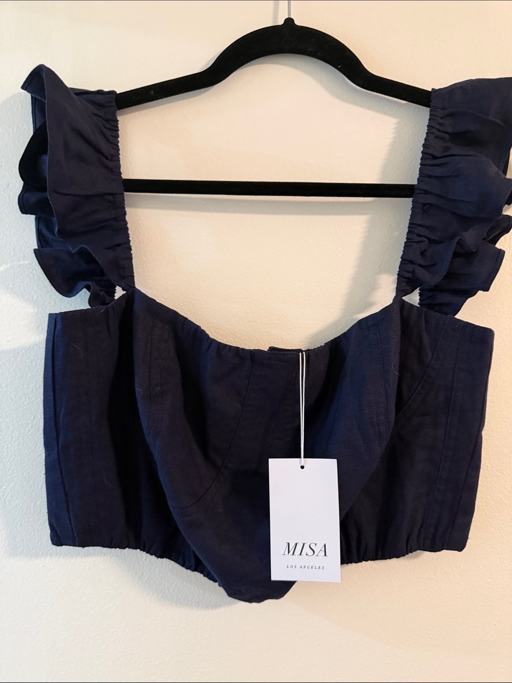 MISA LA Navy Ruffle Strap Crop Top